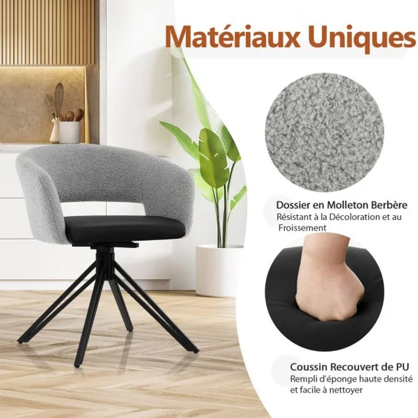 Chaise Pivotable 360 ° - Dossier en Fausse Laine d'Agneau - Siège en PU- Cadre en Acier pour Salle à Manger Salon Bureau
