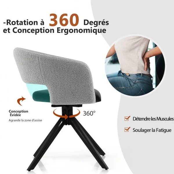 Chaise Pivotable 360 ° - Dossier en Fausse Laine d'Agneau - Siège en PU- Cadre en Acier pour Salle à Manger Salon Bureau