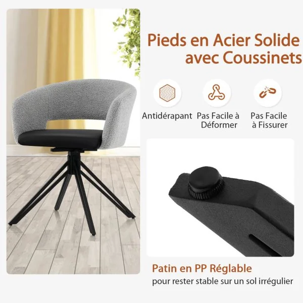 Chaise Pivotable 360 ° - Dossier en Fausse Laine d'Agneau - Siège en PU- Cadre en Acier pour Salle à Manger Salon Bureau