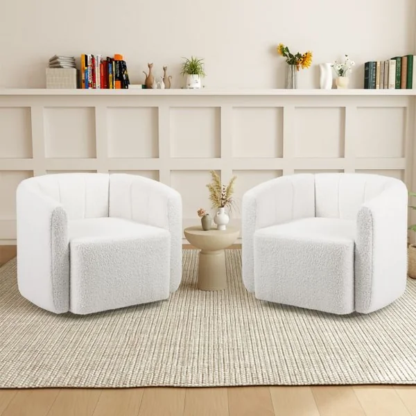 Chaise Pivotante en Forme de Tonneau Chaise d'Appoint Rembourrée Moderne en Sherpa avec Dossier Incurvé et Accoudoirs