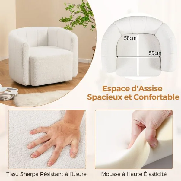 Chaise Pivotante en Forme de Tonneau Chaise d'Appoint Rembourrée Moderne en Sherpa avec Dossier Incurvé et Accoudoirs