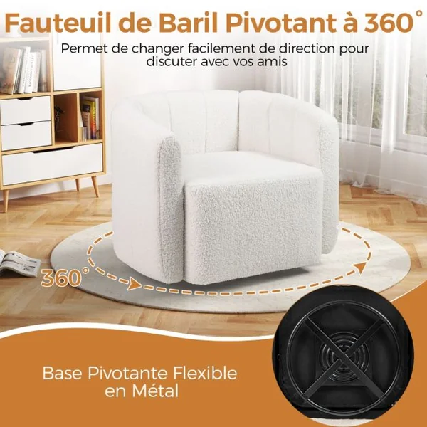 Chaise Pivotante en Forme de Tonneau Chaise d'Appoint Rembourrée Moderne en Sherpa avec Dossier Incurvé et Accoudoirs