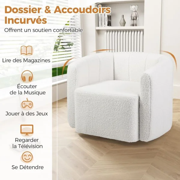 Chaise Pivotante en Forme de Tonneau Chaise d'Appoint Rembourrée Moderne en Sherpa avec Dossier Incurvé et Accoudoirs