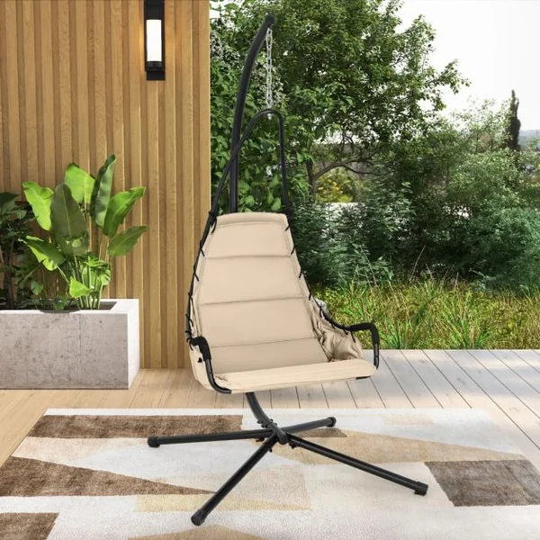Chaise Suspendue avec Support Chaise Hamac avec Siège Rembourré Extra Large Cadre Métallique Chaise Intérieure Extérieure Beige