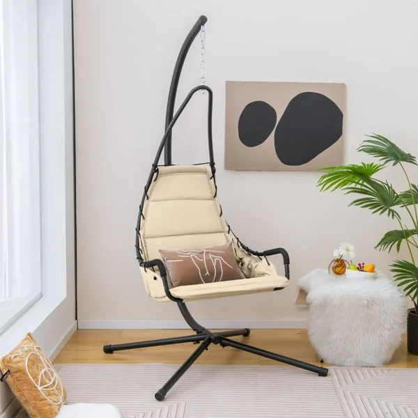 Chaise Suspendue avec Support Chaise Hamac avec Siège Rembourré Extra Large Cadre Métallique Chaise Intérieure Extérieure Beige