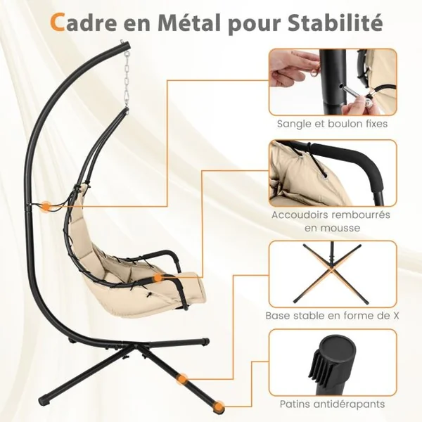 Chaise Suspendue avec Support Chaise Hamac avec Siège Rembourré Extra Large Cadre Métallique Chaise Intérieure Extérieure Beige