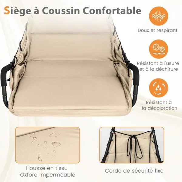 Chaise Suspendue avec Support Chaise Hamac avec Siège Rembourré Extra Large Cadre Métallique Chaise Intérieure Extérieure Beige