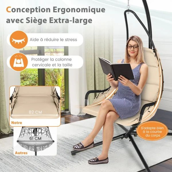 Chaise Suspendue avec Support Chaise Hamac avec Siège Rembourré Extra Large Cadre Métallique Chaise Intérieure Extérieure Beige