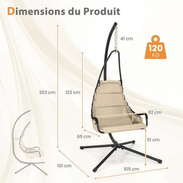 Chaise Suspendue avec Support Chaise Hamac avec Siège Rembourré Extra Large Cadre Métallique Chaise Intérieure Extérieure Beige