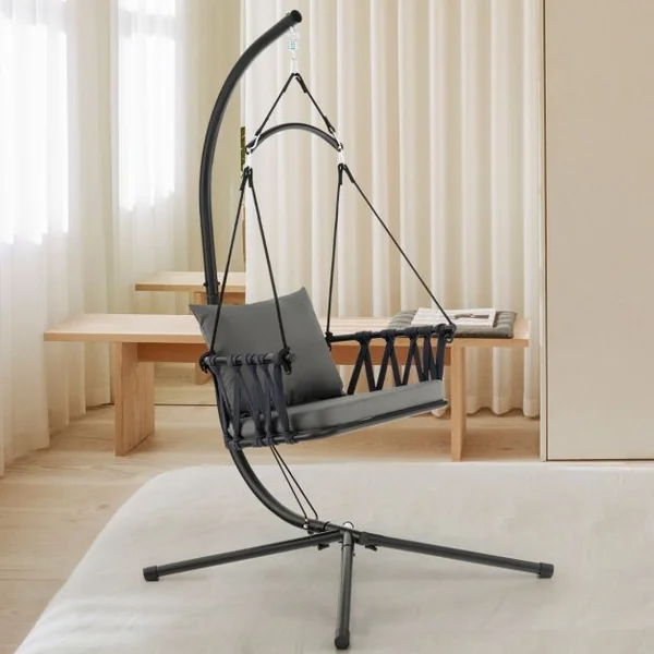Chaise Suspendue avec Support Coussins de Siège et de Dossier Cadre en Métal Antirouille et Dossier Tissé Chaise Hamac Intérieur&Extérieur