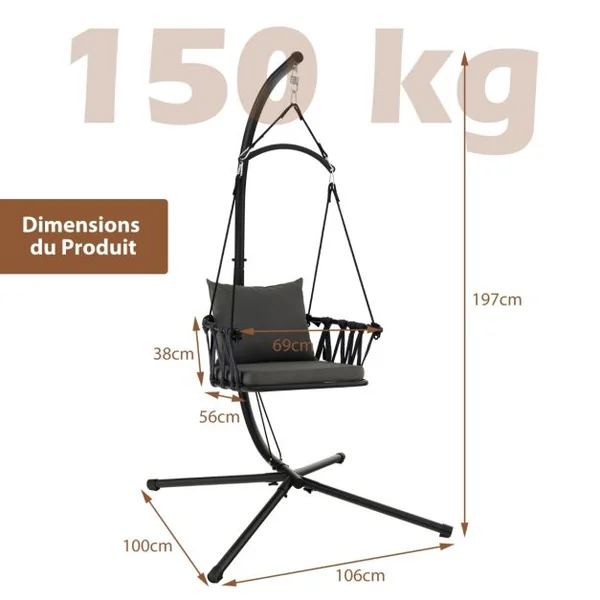 Chaise Suspendue avec Support Coussins de Siège et de Dossier Cadre en Métal Antirouille et Dossier Tissé Chaise Hamac Intérieur&Extérieur