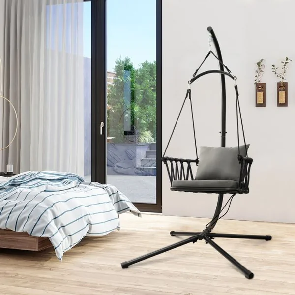 Chaise Suspendue avec Support Coussins de Siège et de Dossier Cadre en Métal Antirouille et Dossier Tissé Chaise Hamac Intérieur&Extérieur