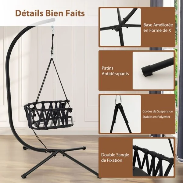 Chaise Suspendue avec Support Coussins de Siège et de Dossier Cadre en Métal Antirouille et Dossier Tissé Chaise Hamac Intérieur&Extérieur