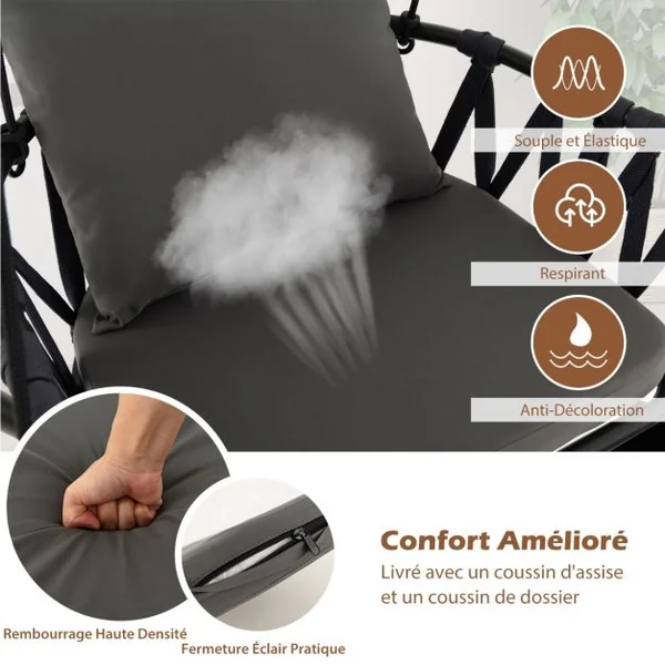 Chaise Suspendue avec Support Coussins de Siège et de Dossier Cadre en Métal Antirouille et Dossier Tissé Chaise Hamac Intérieur&Extérieur