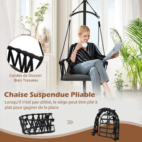 Chaise Suspendue avec Support Coussins de Siège et de Dossier Cadre en Métal Antirouille et Dossier Tissé Chaise Hamac Intérieur&Extérieur