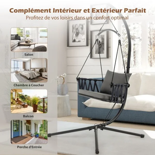Chaise Suspendue avec Support Coussins de Siège et de Dossier Cadre en Métal Antirouille et Dossier Tissé Chaise Hamac Intérieur&Extérieur