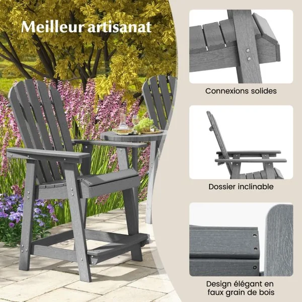 Chaise Tabouret de Bar en HDPE Accoudoirs Conception à Lattes Repose-pieds Charge 150KG Intérieur Extérieur Gris/Noira