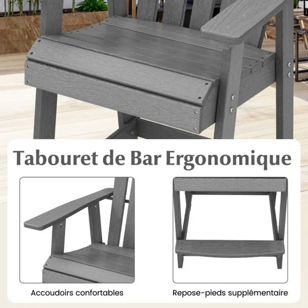 Chaise Tabouret de Bar en HDPE Accoudoirs Conception à Lattes Repose-pieds Charge 150KG Intérieur Extérieur Gris/Noira