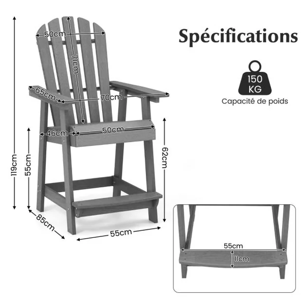 Chaise Tabouret de Bar en HDPE Accoudoirs Conception à Lattes Repose-pieds Charge 150KG Intérieur Extérieur Gris/Noira
