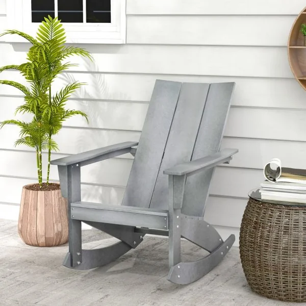 Chaise à Bascule Adirondack en HDPE Charge 150 kg, Fauteuil avec Accoudoir et Dossier Résistant aux intempéries Gris