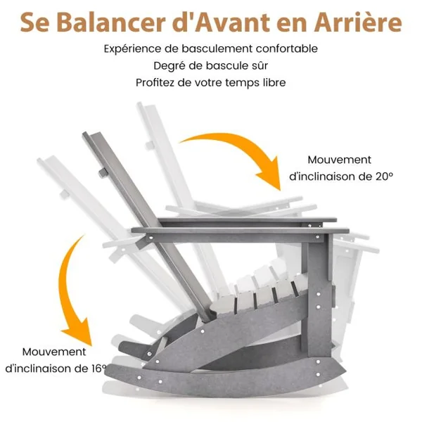 Chaise à Bascule Adirondack en HDPE Charge 150 kg, Fauteuil avec Accoudoir et Dossier Résistant aux intempéries Gris
