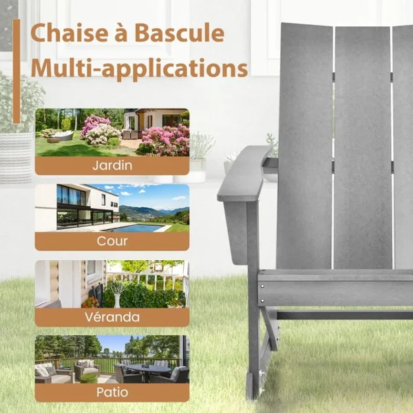 Chaise à Bascule Adirondack en HDPE Charge 150 kg, Fauteuil avec Accoudoir et Dossier Résistant aux intempéries Gris