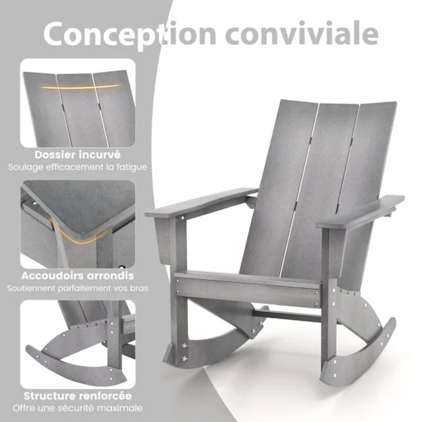 Chaise à Bascule Adirondack en HDPE Charge 150 kg, Fauteuil avec Accoudoir et Dossier Résistant aux intempéries Gris