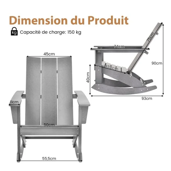 Chaise à Bascule Adirondack en HDPE Charge 150 kg, Fauteuil avec Accoudoir et Dossier Résistant aux intempéries Gris