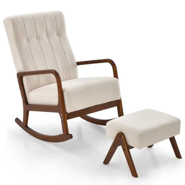 Chaise à Bascule avec Ottoman en Tissu Rembourré avec Cadre en Bois D'hévéa Massif et Coussin Rembourré Capitonné Repose-pieds Beige/Gris