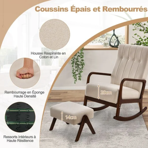 Chaise à Bascule avec Ottoman en Tissu Rembourré avec Cadre en Bois D'hévéa Massif et Coussin Rembourré Capitonné Repose-pieds Beige/Gris