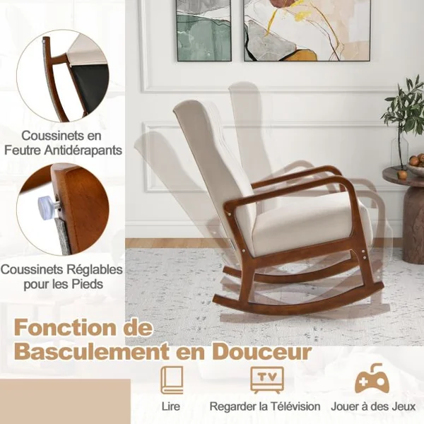 Chaise à Bascule avec Ottoman en Tissu Rembourré avec Cadre en Bois D'hévéa Massif et Coussin Rembourré Capitonné Repose-pieds Beige/Gris