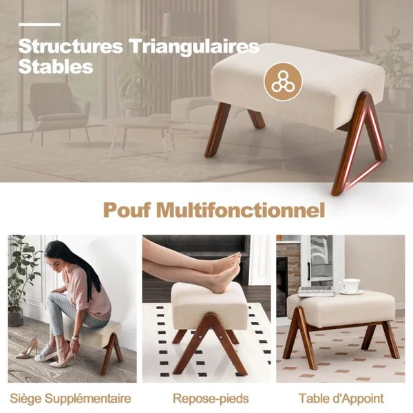 Chaise à Bascule avec Ottoman en Tissu Rembourré avec Cadre en Bois D'hévéa Massif et Coussin Rembourré Capitonné Repose-pieds Beige/Gris