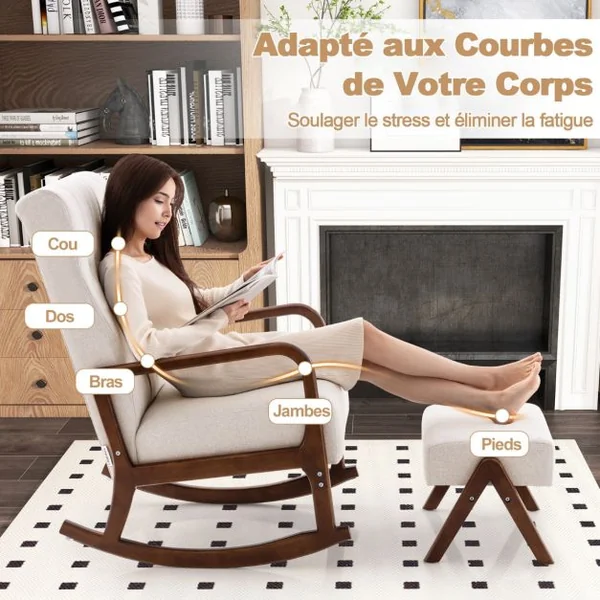 Chaise à Bascule avec Ottoman en Tissu Rembourré avec Cadre en Bois D'hévéa Massif et Coussin Rembourré Capitonné Repose-pieds Beige/Gris