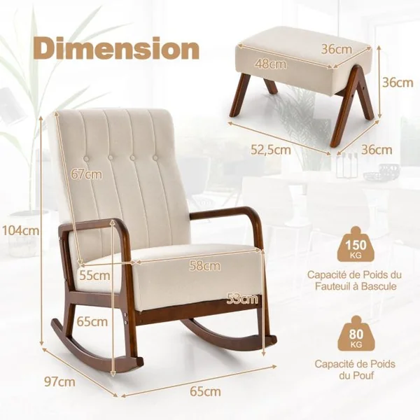 Chaise à Bascule avec Ottoman en Tissu Rembourré avec Cadre en Bois D'hévéa Massif et Coussin Rembourré Capitonné Repose-pieds Beige/Gris