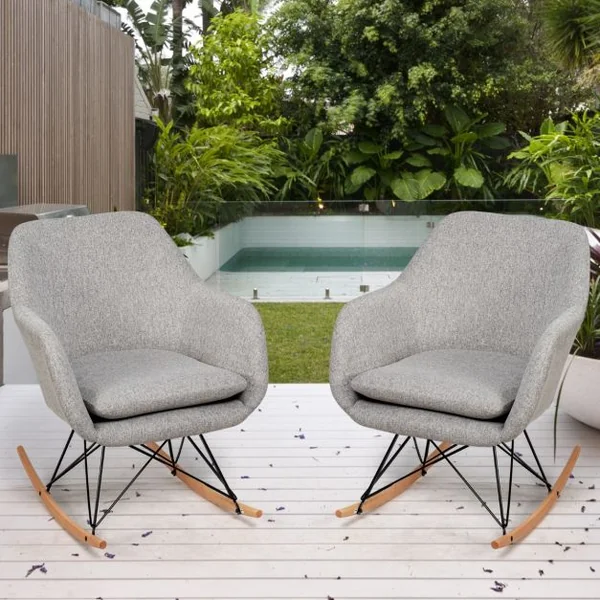 Chaise à Bascule d'Appoint Chaise d'Appoint à Bascule Dossier Ergonomique Haut Accoudoirs en Bois de Hêtre Massif Coussin de Siège Rembourré Gris