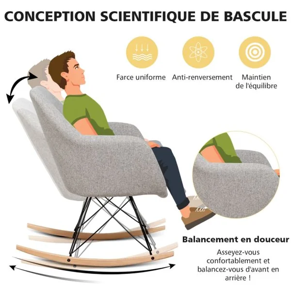 Chaise à Bascule d'Appoint Chaise d'Appoint à Bascule Dossier Ergonomique Haut Accoudoirs en Bois de Hêtre Massif Coussin de Siège Rembourré Gris