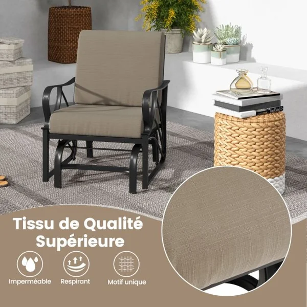 Chaise à Bascule de Jardin avec Accoudoirs Coussin Charge 180KG Fauteuil à Bascule d'Extérieur avec Coussinets Antidérapants Marron