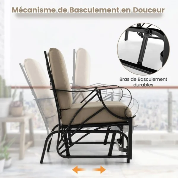 Chaise à Bascule de Jardin avec Accoudoirs Coussin Charge 180KG Fauteuil à Bascule d'Extérieur avec Coussinets Antidérapants Marron