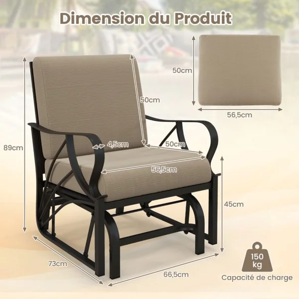 Chaise à Bascule de Jardin avec Accoudoirs Coussin Charge 180KG Fauteuil à Bascule d'Extérieur avec Coussinets Antidérapants Marron