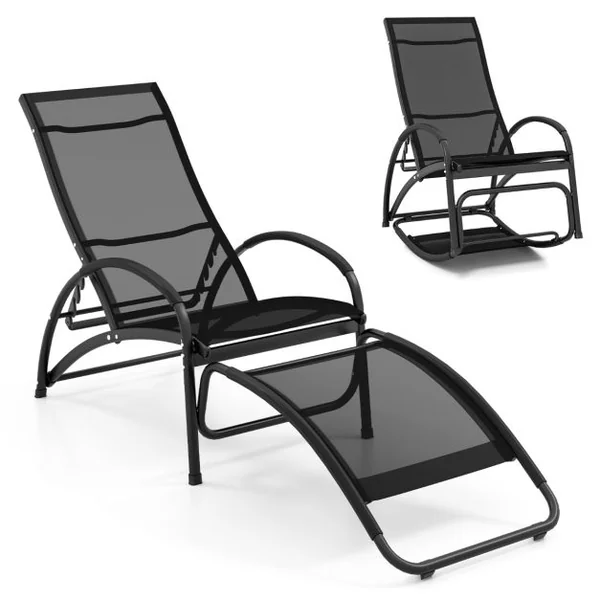 Chaise à Bascule d'Extérieur Chaise Longue Convertible Dossier Réglable à 4 Positions Accoudoirs Incurvés Cadre en Aluminium Gris