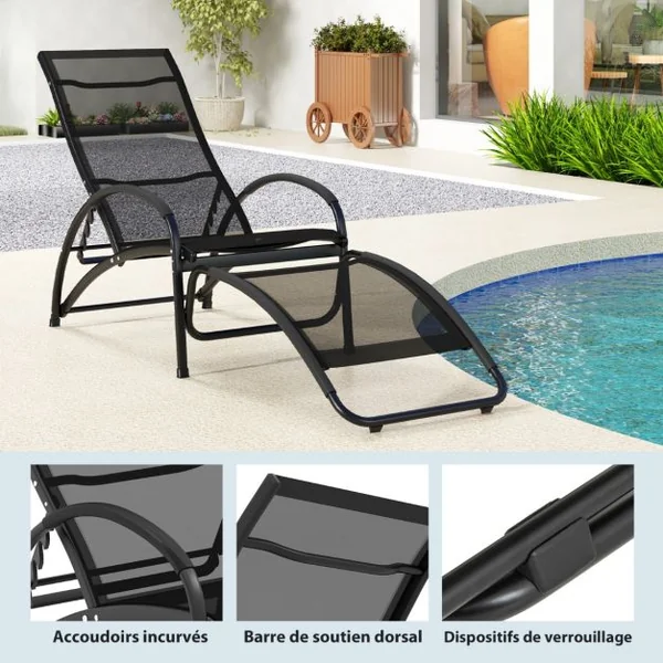 Chaise à Bascule d'Extérieur Chaise Longue Convertible Dossier Réglable à 4 Positions Accoudoirs Incurvés Cadre en Aluminium Gris