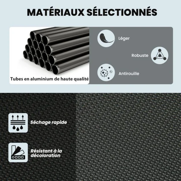 Chaise à Bascule d'Extérieur Chaise Longue Convertible Dossier Réglable à 4 Positions Accoudoirs Incurvés Cadre en Aluminium Gris