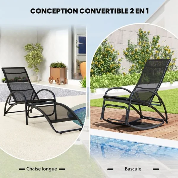 Chaise à Bascule d'Extérieur Chaise Longue Convertible Dossier Réglable à 4 Positions Accoudoirs Incurvés Cadre en Aluminium Gris