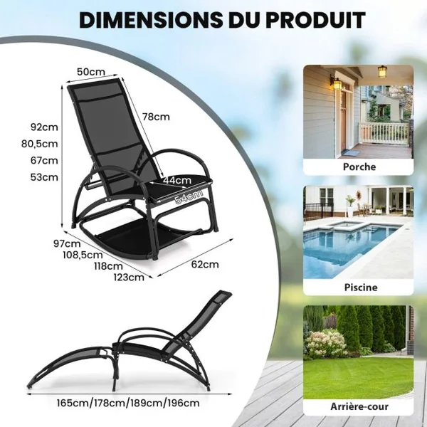 Chaise à Bascule d'Extérieur Chaise Longue Convertible Dossier Réglable à 4 Positions Accoudoirs Incurvés Cadre en Aluminium Gris
