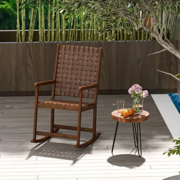 Chaise à Bascule en Bois avec Siège en Pu Cadre en Bois d'Hévéa Intérieure et Extérieure pour Salon Bureau Capacité de charge 175 kg Marron