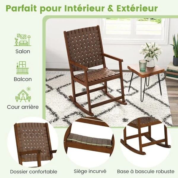 Chaise à Bascule en Bois avec Siège en Pu Cadre en Bois d'Hévéa Intérieure et Extérieure pour Salon Bureau Capacité de charge 175 kg Marron