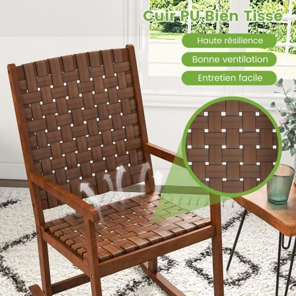 Chaise à Bascule en Bois avec Siège en Pu Cadre en Bois d'Hévéa Intérieure et Extérieure pour Salon Bureau Capacité de charge 175 kg Marron