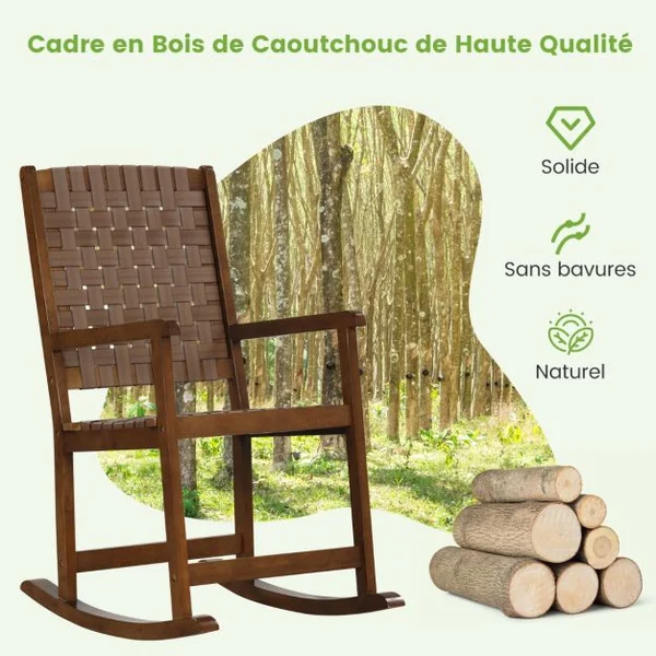 Chaise à Bascule en Bois avec Siège en Pu Cadre en Bois d'Hévéa Intérieure et Extérieure pour Salon Bureau Capacité de charge 175 kg Marron