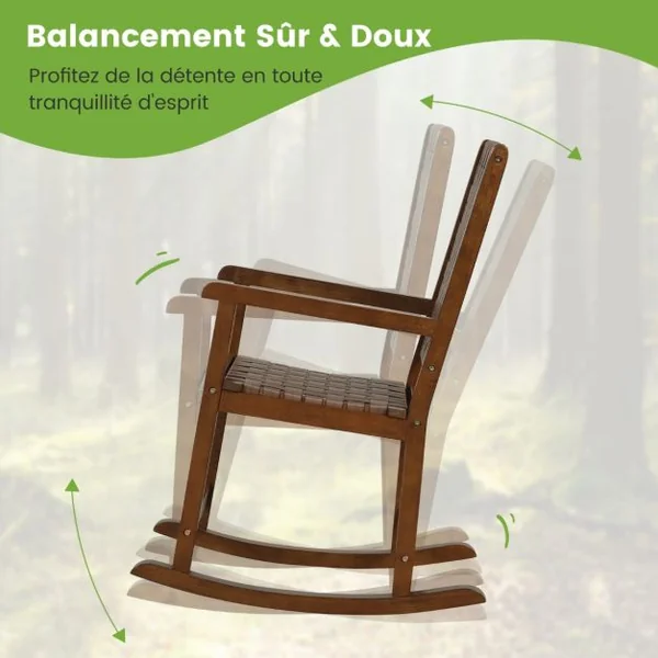 Chaise à Bascule en Bois avec Siège en Pu Cadre en Bois d'Hévéa Intérieure et Extérieure pour Salon Bureau Capacité de charge 175 kg Marron