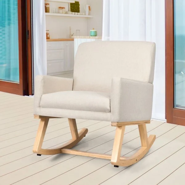 Chaise à Bascule en Tissu pour Chambre d'Enfant Fauteuil à Bascule Rembourré Base en Bois Massif Fauteuil Inclinable Moderne Beige
